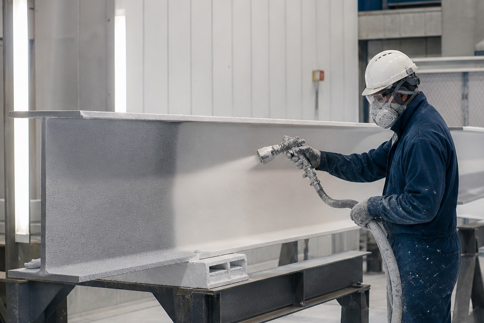 Spray application of intumescent coating in controlled facility